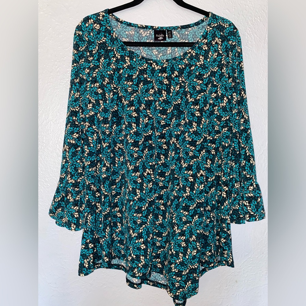 Rafaella Teal and Black Leaf Print Blouse